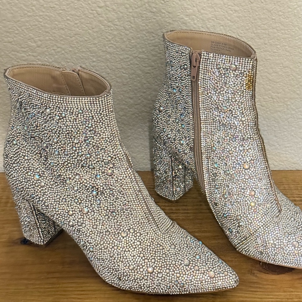Betsey Johnson Crystal Embellished Nude/Iridized Ankle Booties